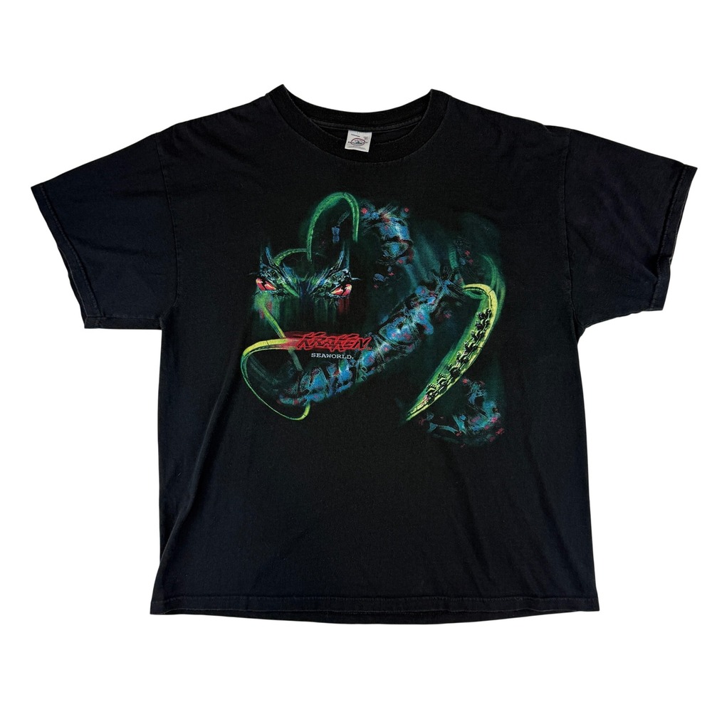 Delta SeaWorld Kraken T-Shirt Mens XL Black Vintage Roller Coaster Graphic Tee
